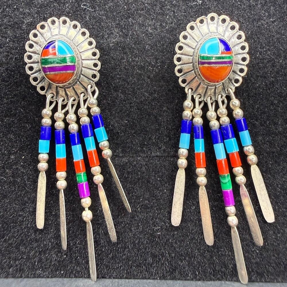 Vintage Solid 925 Sterling Silver Navajo Dangle Turquoise Earrings 2" Long